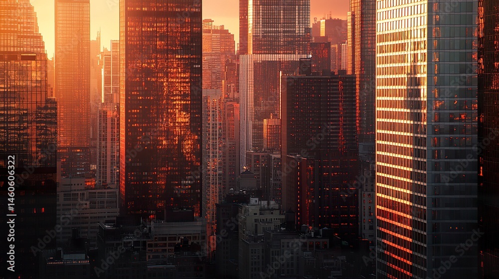 A dynamic skyline of the Financial District, highlighted by tall skyscrapers with reflective windows capturing the urban vibrancy below