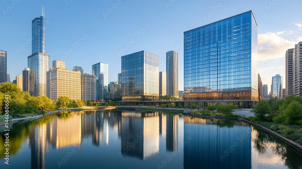 A dynamic urban setting featuring a row of modern office buildings, their reflective surfaces glinting under the sunlight, creating a vibrant and polished skyline