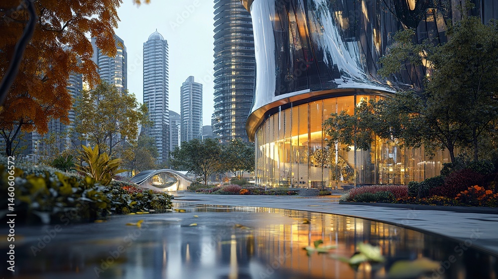 A dynamic urban setting with shimmering glass facades reflecting a futuristic skyline, softened by bokeh and motion blur for a sleek real estate concept