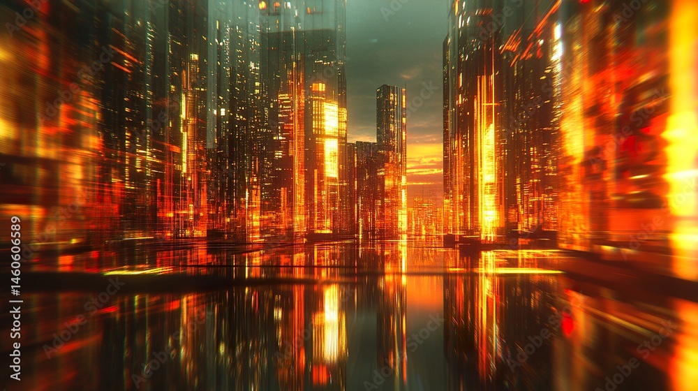 A dynamic urban setting with shimmering glass facades reflecting a futuristic skyline, softened by bokeh and motion blur for a sleek real estate concept