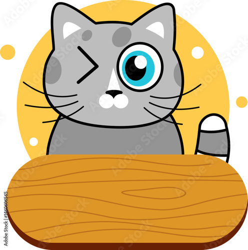 Wooden Board with Cute Cat Illustration
