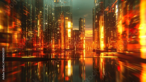 Obraz na płótnie A dynamic urban setting with shimmering glass facades reflecting a futuristic skyline, softened by bokeh and motion blur for a sleek real estate concept w salonie