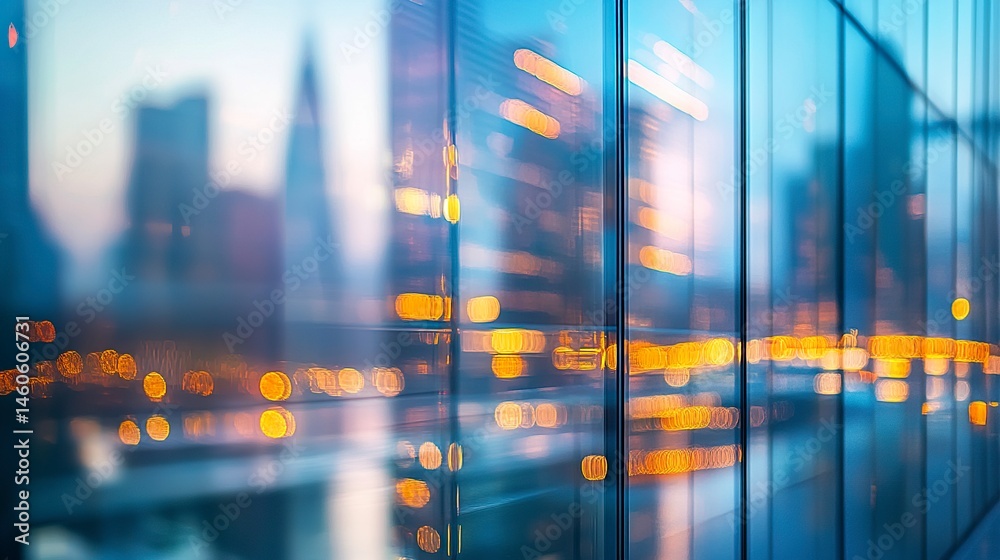 A futuristic cityscape reflected in the glass facade of a skyscraper, with motion blur and bokeh lights adding depth and highlighting architectural innovation