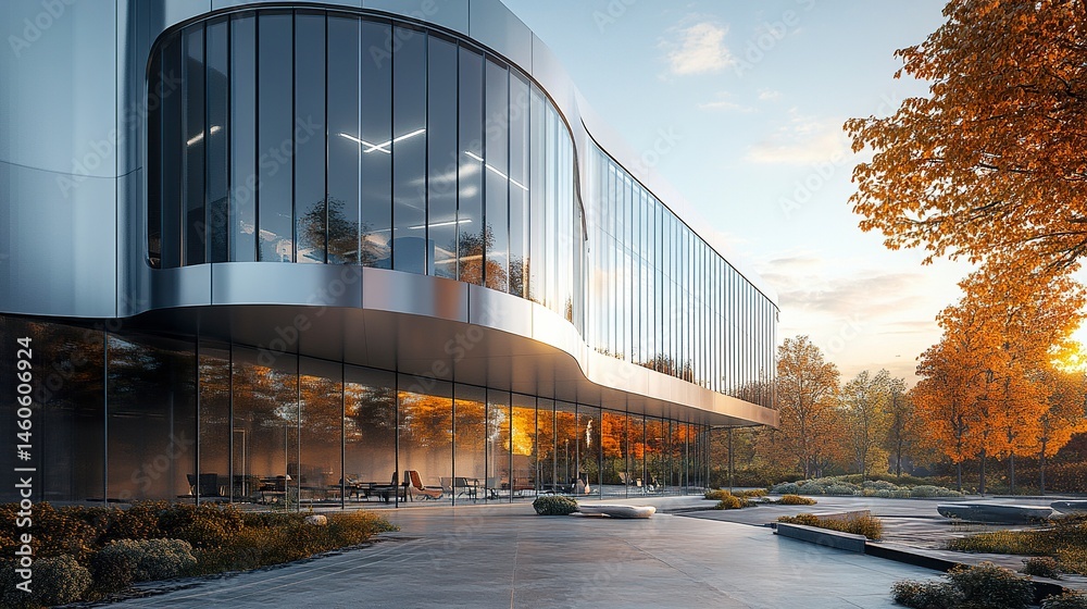 A futuristic office building featuring a polished steel-and-glass exterior, with sharp geometric lines and open terraces