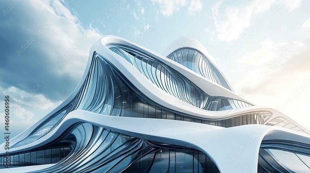 A futuristic office building with a facade of shimmering windows, captured outdoors from a low angle to emphasize its clean lines and seamless integration with the sky