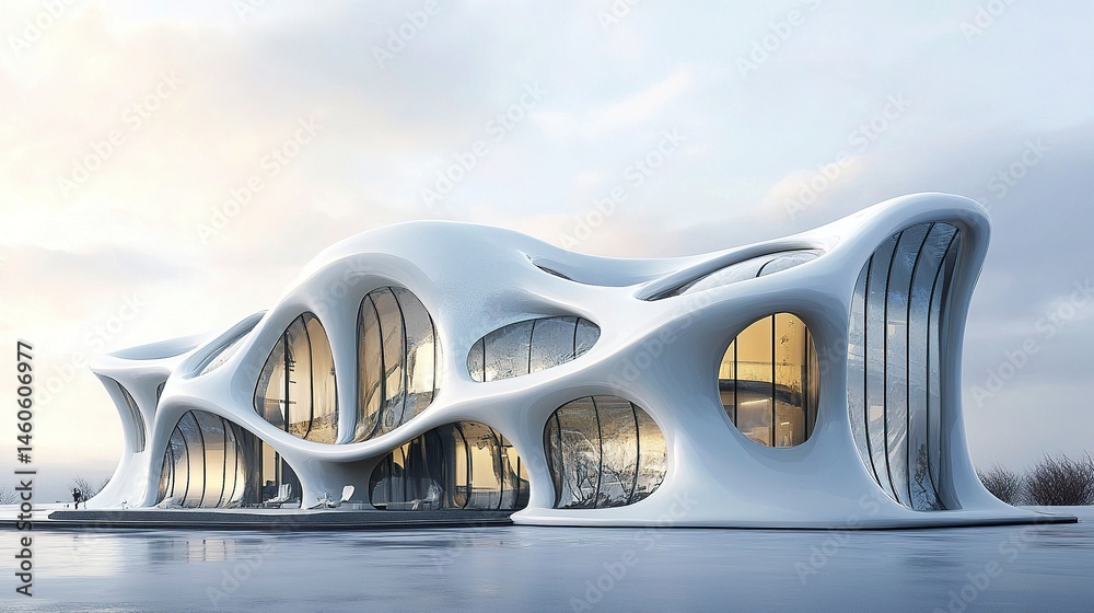 A futuristic office building with a facade of shimmering windows, captured outdoors from a low angle to emphasize its clean lines and seamless integration with the sky