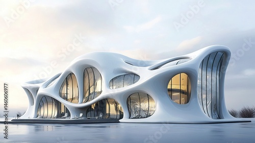 Obraz na płótnie A futuristic office building with a facade of shimmering windows, captured outdoors from a low angle to emphasize its clean lines and seamless integration with the sky w salonie