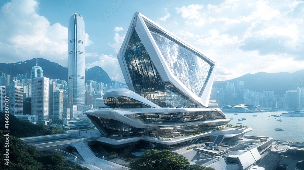 A futuristic office building with angular designs and a gleaming exterior, rising high amidst Hong Kong's dense skyline, embodying innovation and modernity