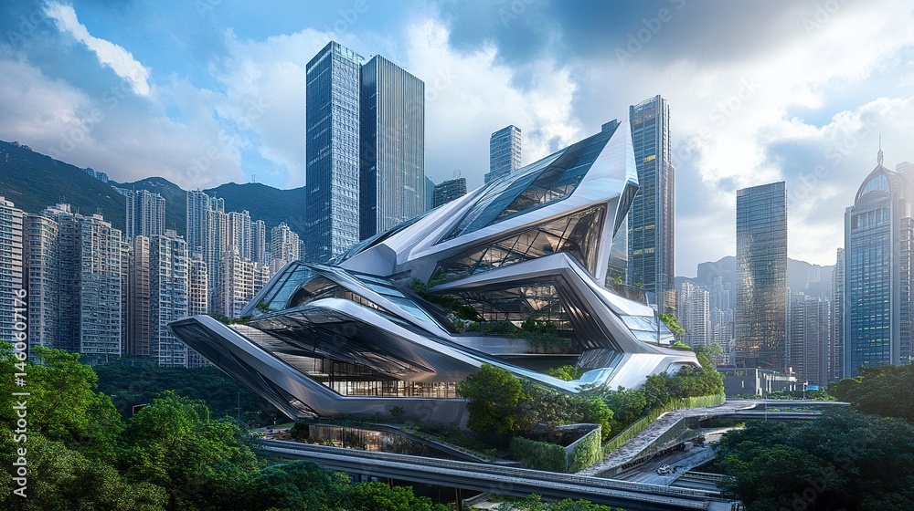A futuristic office building with angular designs and a gleaming exterior, rising high amidst Hong Kong's dense skyline, embodying innovation and modernity