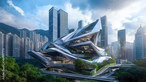 Obraz na płótnie A futuristic office building with angular designs and a gleaming exterior, rising high amidst Hong Kong's dense skyline, embodying innovation and modernity w salonie