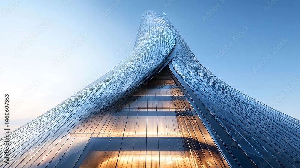 A futuristic skyscraper with a seamless glass facade and dark steel window system, the sunlight creating a dramatic effect at the peak, framed by a clear blue sky