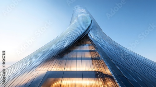 Obraz na płótnie A futuristic skyscraper with a seamless glass facade and dark steel window system, the sunlight creating a dramatic effect at the peak, framed by a clear blue sky w salonie