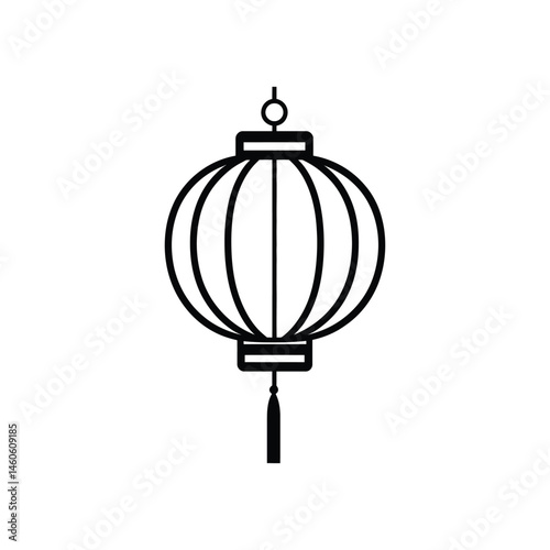 Line Art of Round Asian Lantern with Tassel in Black and White on Transparent Background