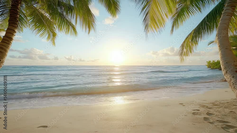 Serene tropical beach with palm trees and stunning sunset over ocean, creating tranquility. Serene tropical beach with palm trees and stunning sunset over ocean, creating tranquility.