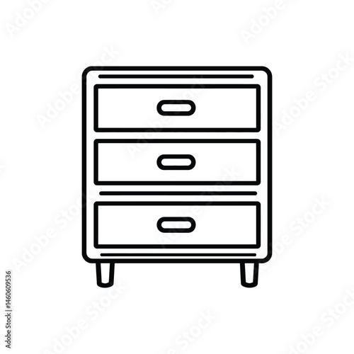 Line art of small wooden cabinet with three drawers on a transparent background