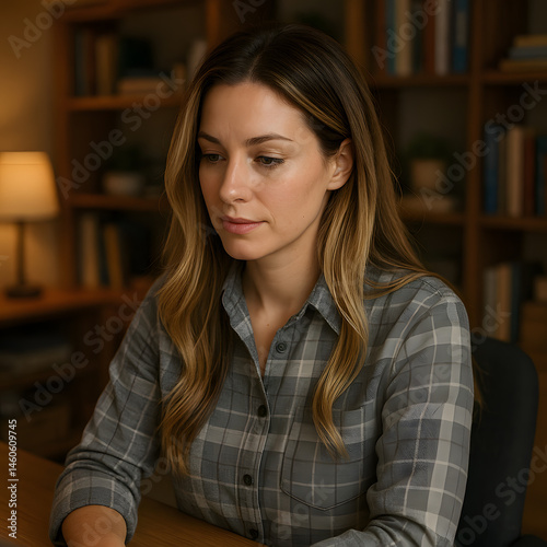 Young adult female looking down at a table with a bookshelf and lamp in the background  focused or studying