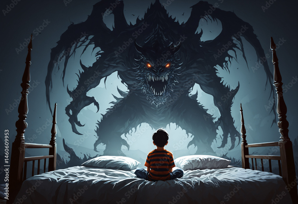 child kid boy rear-view facing monster in bedroom at night illustration background