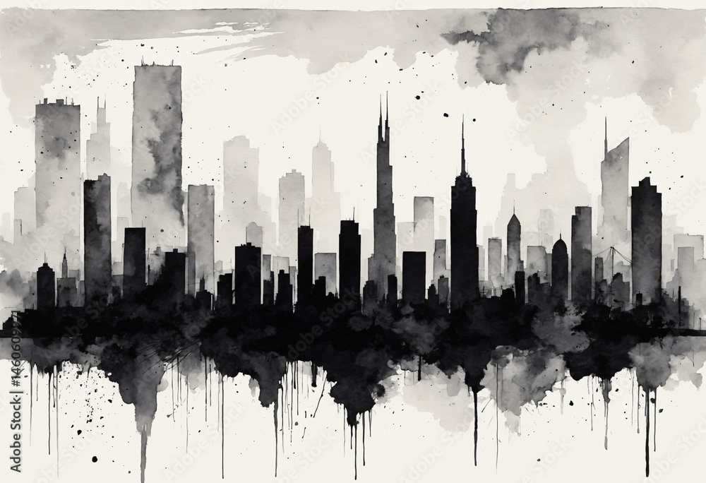 painting style city skyline in black and gray illustration background