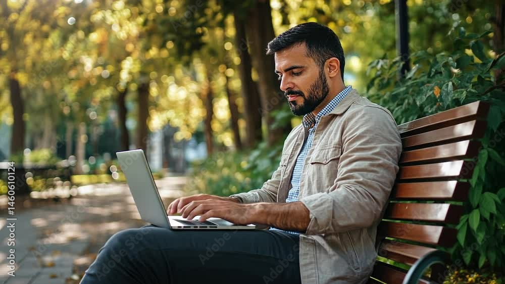 Man working on laptop in sunny park with trees Man working on laptop in sunny park with trees