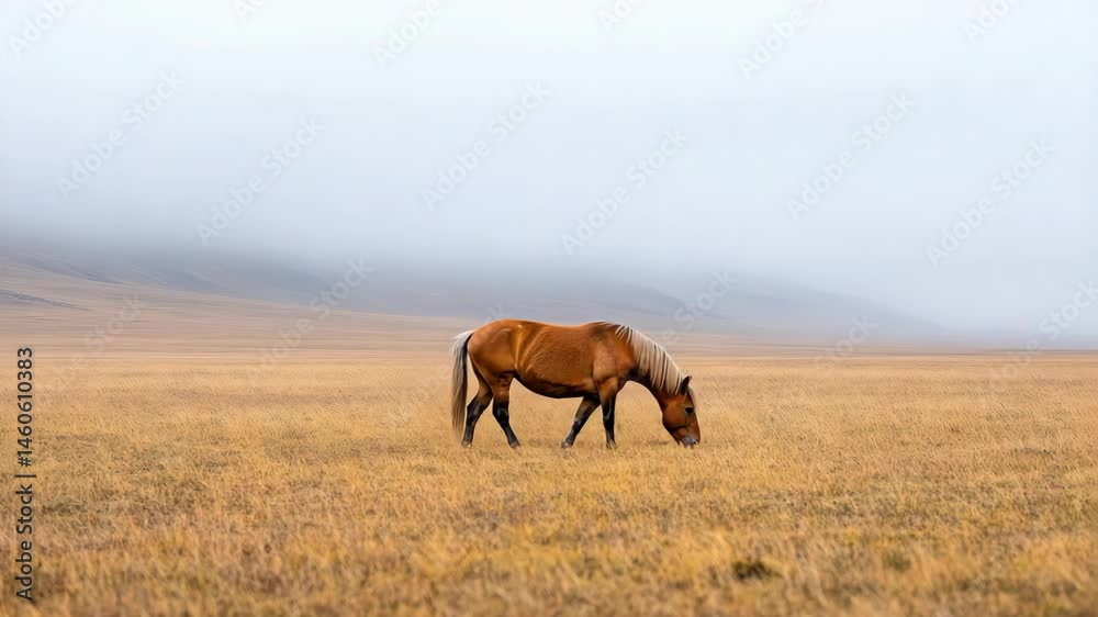 solitary horse grazes in misty landscape, embracing beauty of nature in vast field. solitary horse grazes in misty landscape, embracing beauty of nature in vast field.