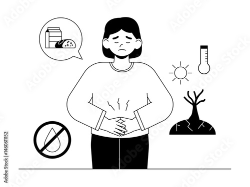 Health problems caused by fast food, polluted environment, and natural disasters. Social issue vector illustration. Black and white style. Flat and outline illustration concept.