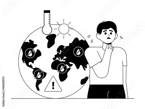 Drought warning in some countries due to extreme weather. Social issue vector illustration. Black and white style. Flat and outline illustration concept.