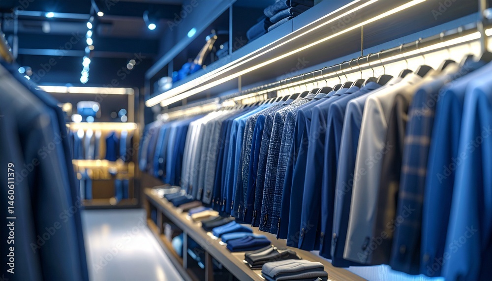 Fototapeta premium Jackets and shirts lined up on shelves in a well-lit Tongchang store