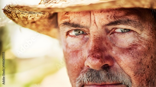 Farmer's Face with Sunburn: Portrait of a farmer's face, sunburned and weathered, with a straw hat and a field in the background. 
