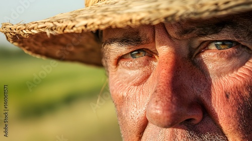 Farmer's Face with Sunburn: Portrait of a farmer's face, sunburned and weathered, with a straw hat and a field in the background. 
