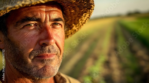 Farmer's Face with Sunburn: Portrait of a farmer's face, sunburned and weathered, with a straw hat and a field in the background. 
