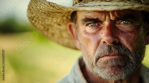 Farmer's Face with Sunburn: Portrait of a farmer's face, sunburned and weathered, with a straw hat and a field in the background. 
