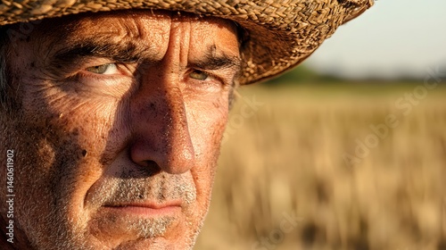 Farmer's Face with Sunburn: Portrait of a farmer's face, sunburned and weathered, with a straw hat and a field in the background. 

