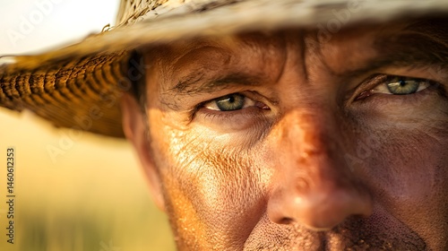 Farmer's Face with Sunburn: Portrait of a farmer's face, sunburned and weathered, with a straw hat and a field in the background. 
