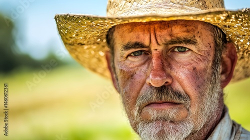 Farmer's Face with Sunburn: Portrait of a farmer's face, sunburned and weathered, with a straw hat and a field in the background. 
