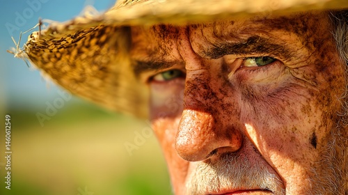 Farmer's Face with Sunburn: Portrait of a farmer's face, sunburned and weathered, with a straw hat and a field in the background. 
