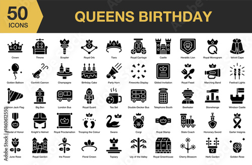 Queens Birthday solid icon set. Includes event, flag, graphic, gold, princess, ceremony, and More. Solid icons vector collection.