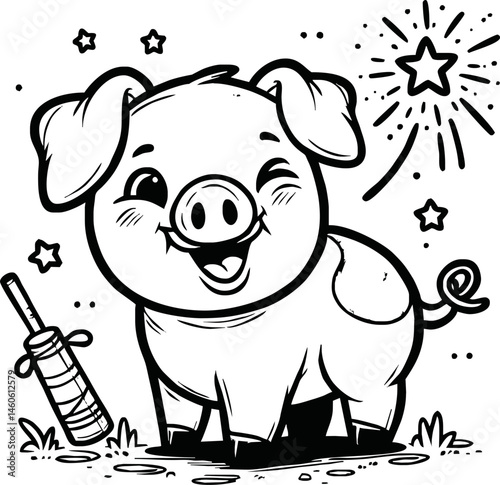 Cute Pig With coloring book pages picture,Pig line art,Pig outline drawing vector illustration,vector art