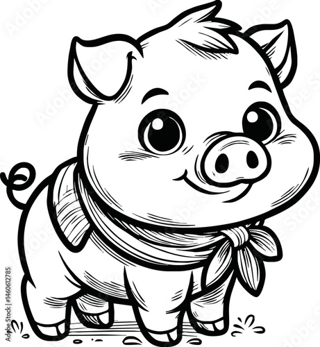 Cute Pig With coloring book pages picture,Pig line art,Pig outline drawing vector illustration,vector art