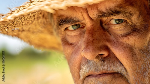 Farmer's Face with Sunburn: Portrait of a farmer's face, sunburned and weathered, with a straw hat and a field in the background. 
