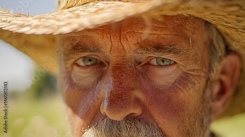 Farmer's Face with Sunburn: Portrait of a farmer's face, sunburned and weathered, with a straw hat and a field in the background. 
