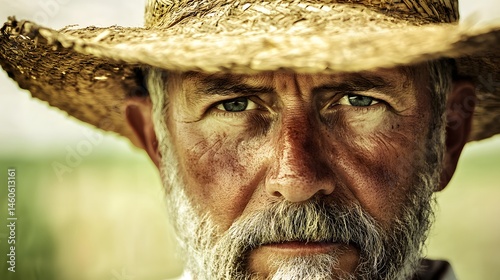 Farmer's Face with Sunburn: Portrait of a farmer's face, sunburned and weathered, with a straw hat and a field in the background. 
