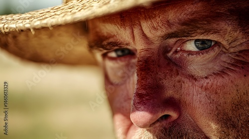 Farmer's Face with Sunburn: Portrait of a farmer's face, sunburned and weathered, with a straw hat and a field in the background. 
