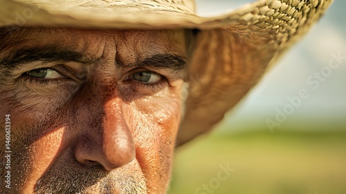 Farmer's Face with Sunburn: Portrait of a farmer's face, sunburned and weathered, with a straw hat and a field in the background. 
