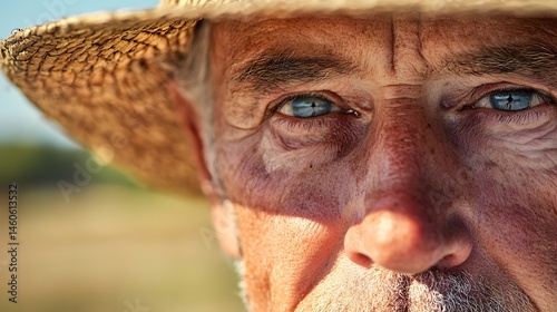 Farmer's Face with Sunburn: Portrait of a farmer's face, sunburned and weathered, with a straw hat and a field in the background. 
