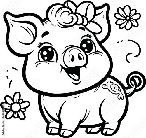 Cute Pig With coloring book pages picture,Pig line art,Pig outline drawing vector illustration,vector art
