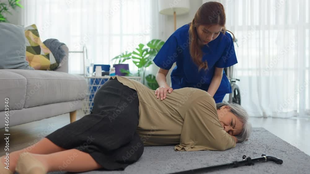 Asian caregiver help senior woman from falling on the ground at home. 