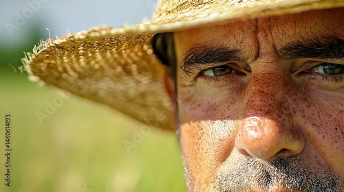 Farmer's Face with Sunburn: Portrait of a farmer's face, sunburned and weathered, with a straw hat and a field in the background. 
