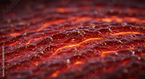 Swirling Molten Ruby Gemstone Liquid with Iridescent Gold Flecks Creating Textured Viscous Fluid Macro Close Up Perfect for Cosmetic Luxury Background