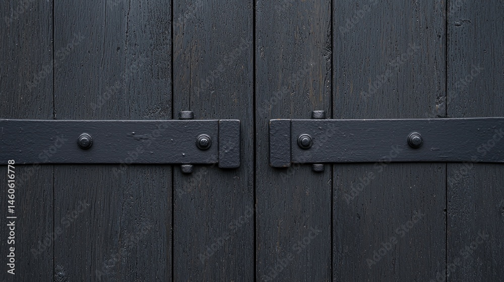 Fototapeta premium A close-up of dark wooden doors with metal braces and bolts, featuring a rustic, textured appearance.