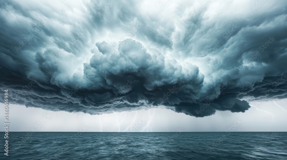 Fototapeta premium Dramatic Storm Clouds Over Dark Ocean Waters with Lightning Strikes